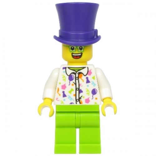 Birthday Party Guest, Dark Purple Top Hat, Green Glasses, White Shirt, Lime Legs