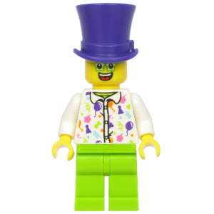 Birthday Party Guest, Dark Purple Top Hat, Green Glasses, White Shirt, Lime Legs