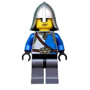 Castle - King's Knight Blue and White with Chest Strap and Crown Belt, Helmet with Neck Protector, Angry Eyebrows and Scowl