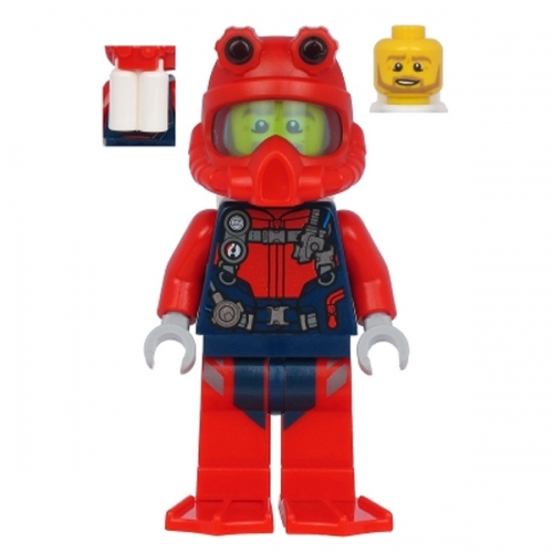 Scuba Diver - Male, Open Mouth, Dark Tan Beard, Red Helmet, White Air Tanks, Red Flippers