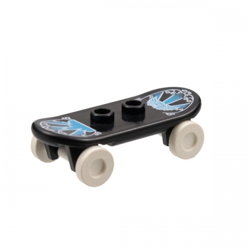 Skateboard Deck with Medium Blue and White City Skyline Pattern with White Wheels