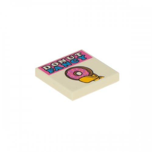 Tile 2 x 2 with 'DONUT FANCY' and Donut / Doughnut in Minifigure Hand Pattern
