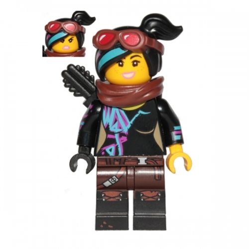 Lucy Wyldstyle con faretra nera, sciarpa e occhiali marroni rossastri, bocca aperta sorriso / arrabbiato